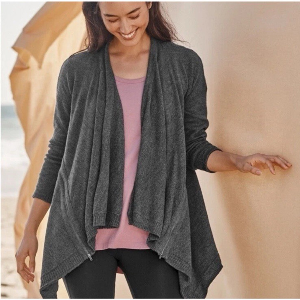 Garnet Hill Drape Front Cardigan Women's Wool Linen Waterfall Gray Size XL